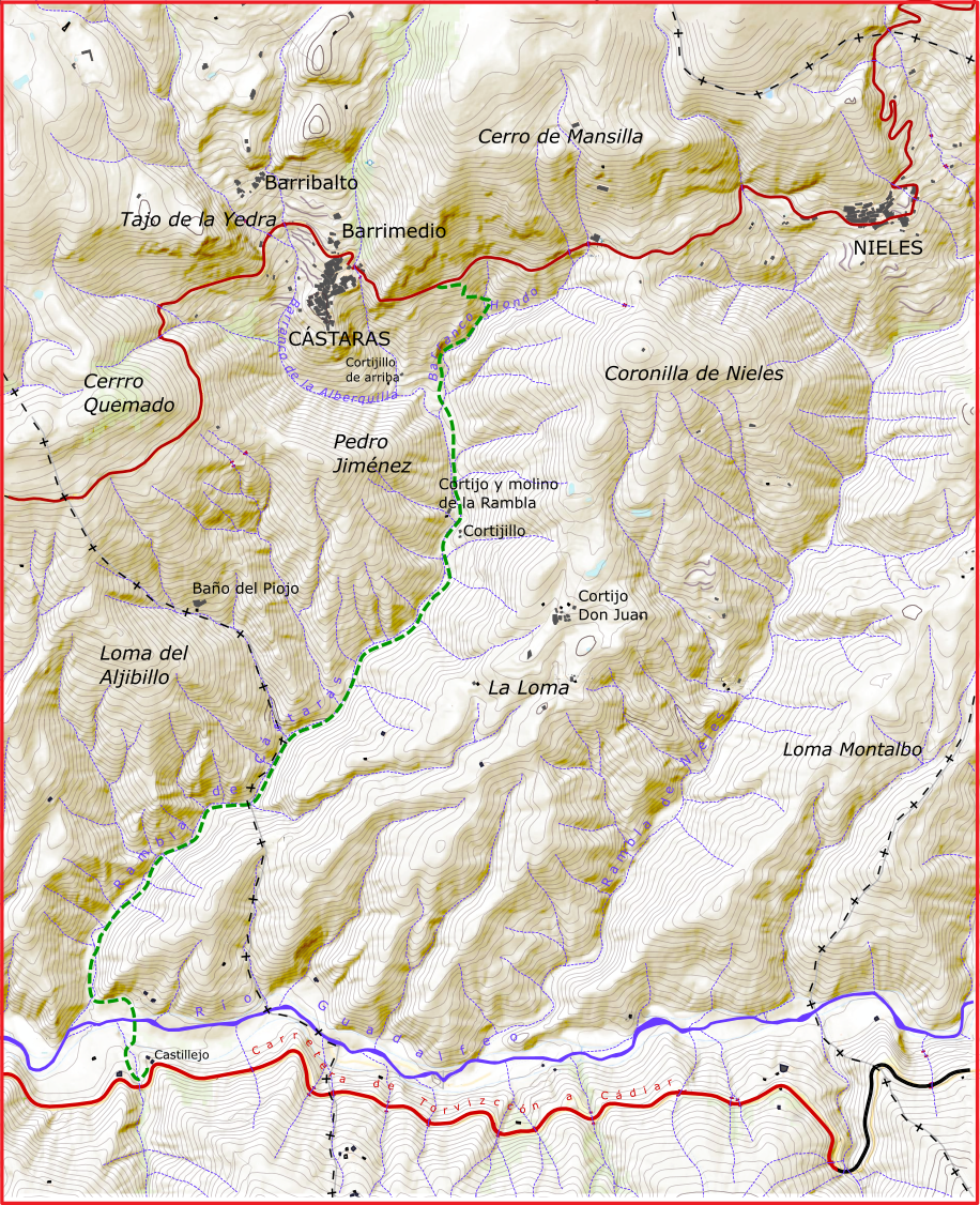Mapa de la Rambla de Cástaras y alrededores en el que se han señalado el cortijo y molino de la Rambla, así como el Cortijillo y el camino del Castillejo a la cuesta de los Corrales. Elaboración propia a partir del modelo de terreno del Instituto Geográfico Nacional y curvas de nivel de la Base Cartográfica de Andalucía..
